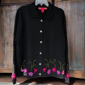 Skyr Black Wool Button Down Cardigan Sweater Floral Embroidery - Women's XL